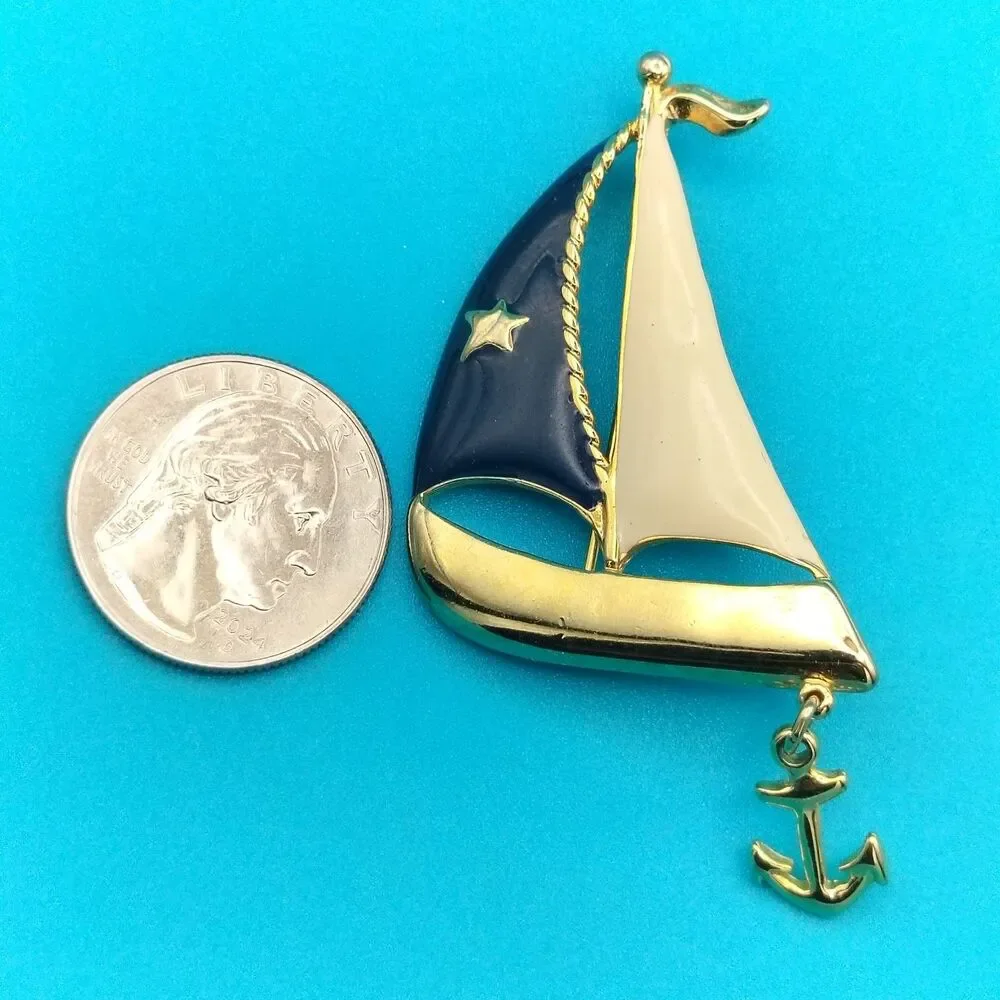 Nautical Sailboat Brooch Pin Gold Tone Enamel Star Anchor